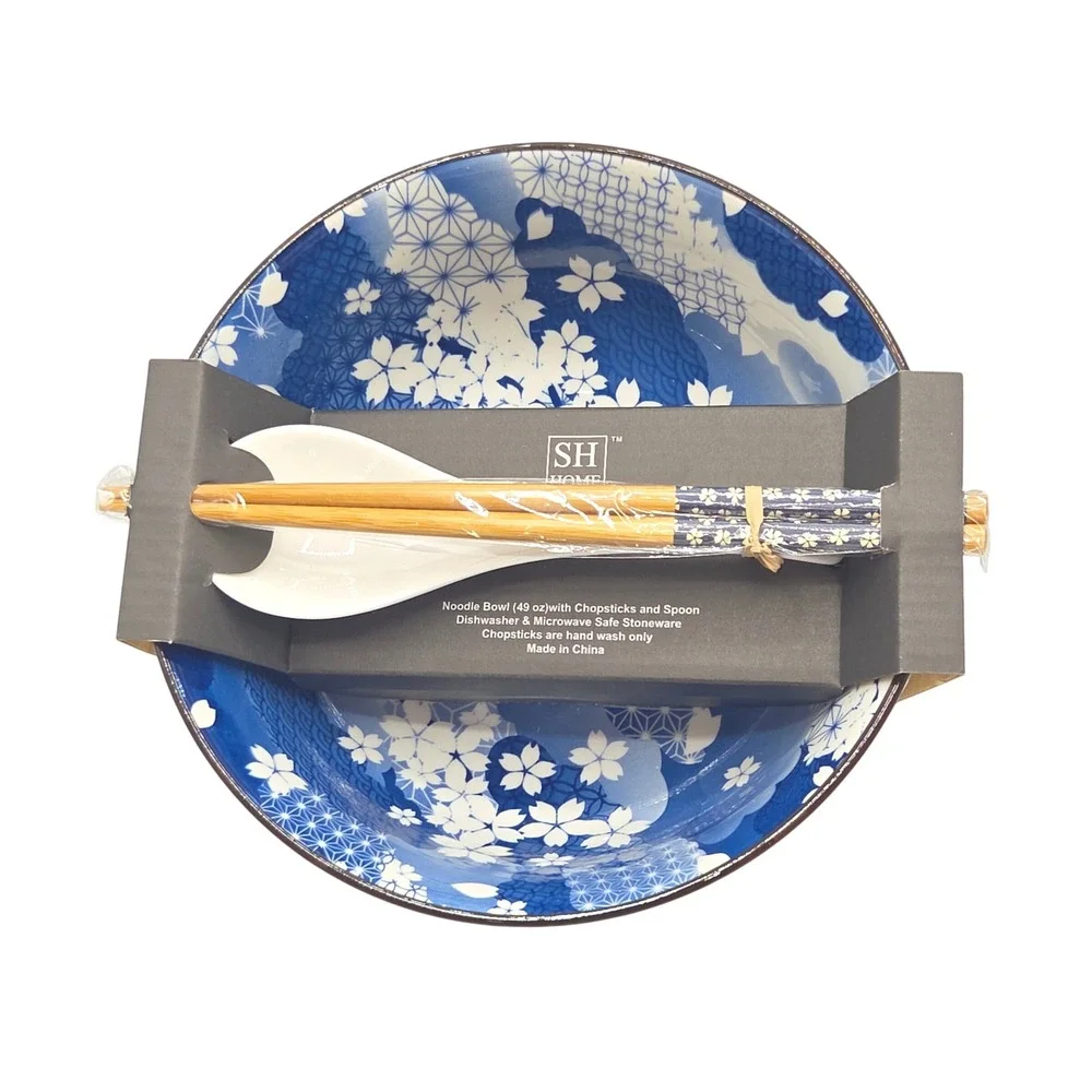 SH Home Blue Floral Ceramic Ramen Noodle Bowl 49oz With Chopsticks And Spoon 4pc